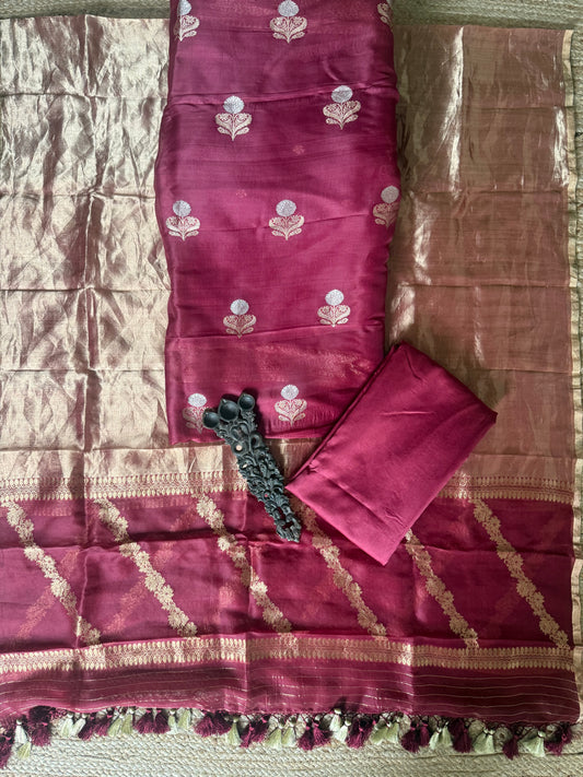 Deep Cheery Maroon kora silk certified handloom banarsi kadwa booti meenakari three piece suit