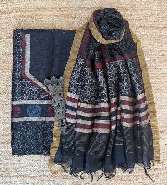NEEL SHYAM AJRAKH LINEN SILK HANDBLOCK SUIT SET AL-1014