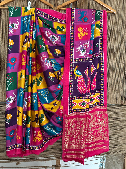 MULTICOLOUR PEACOCK PATOLA MODAL SILK PATOLA PRINT SARI WITH ZARI BORDER PMS-10144