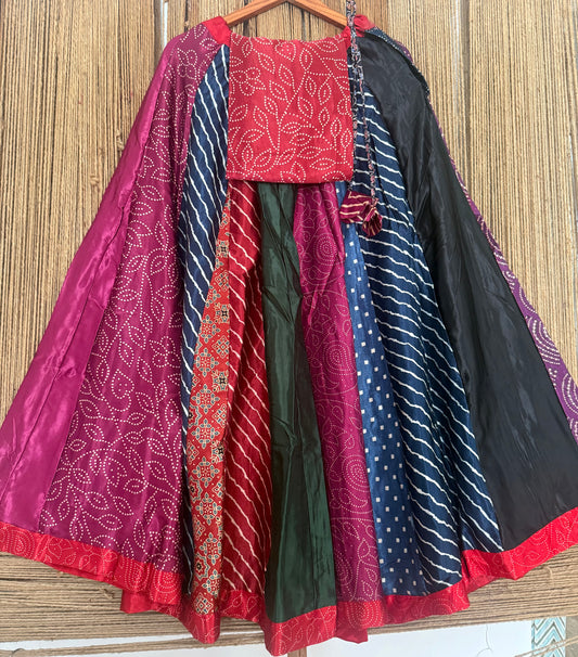 Mustard mashru silk blouse-with bandhani Patola patchwork handcrafted mashru silk Skirt