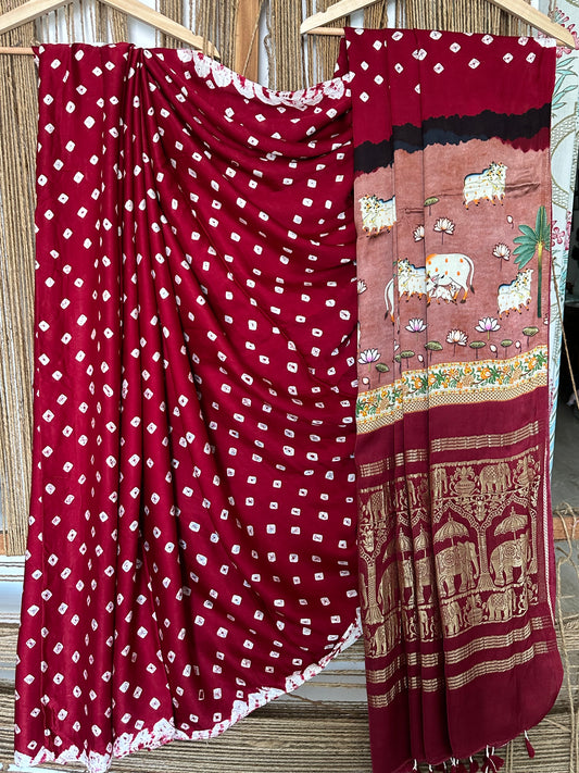 Maroon Modal silk bandhani handcrafted with Pichwai Print Sari in Nakshi Elephant Border BPS 10