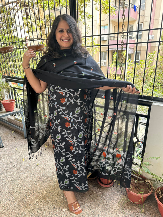 BLACK ALL OVER WOVEN MULL KURTA SET JOK- 4