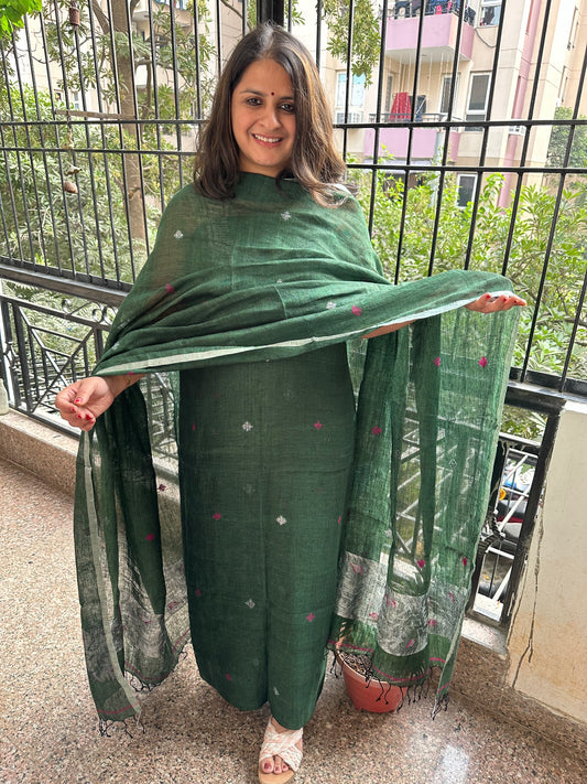 BOTTLE GREEN WOVEN LINEN KURTA SET LJS- 108