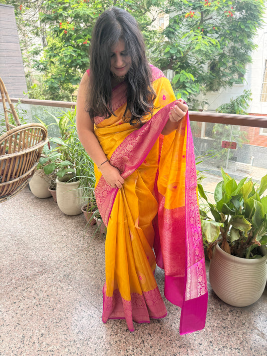 Mango yellow tussar silk certified handloom banarsi sari with woven zari
