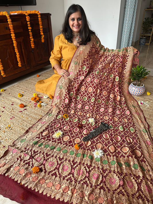 Maroon Handwoven NeemZari Bareek Bandhani in Khaddi Georgette dupatta with Meenakari Work BD-1033