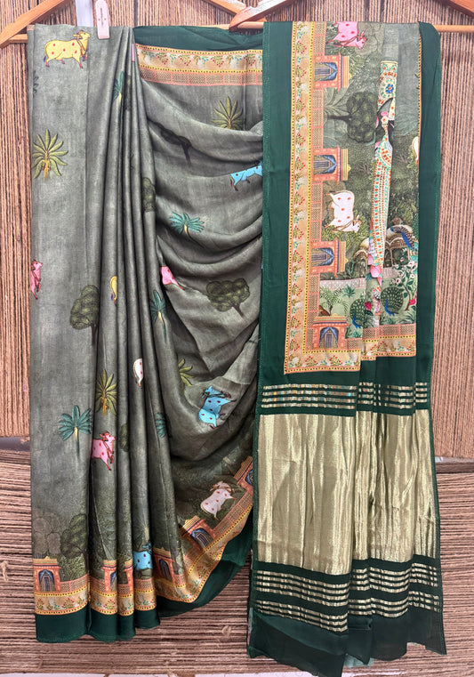 Green patola modal silk pichwai print sari with zari border pms-10157
