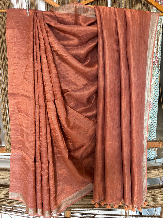 005 Rust Golden Metallic linen Sari with Silver woven Border and Tassels ML-39