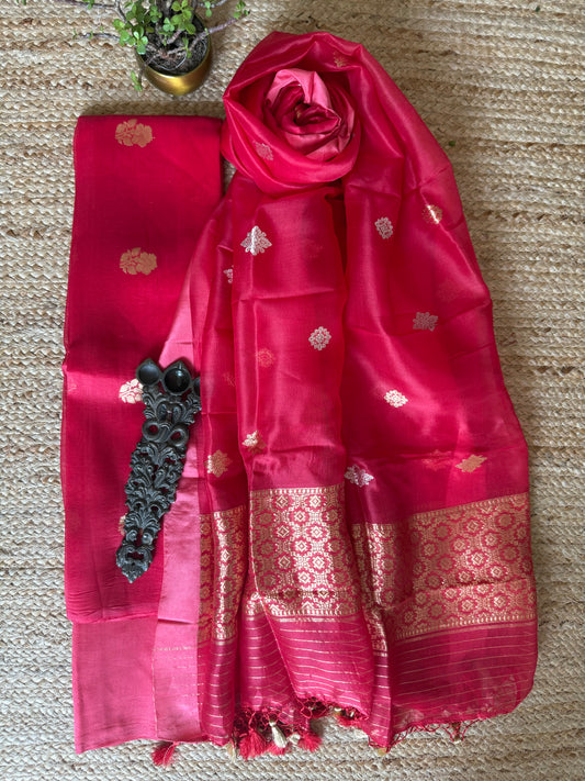 Imperial Red Kora silk certified handloom Banarsi kadwa Booti three piece suit  CBS-8