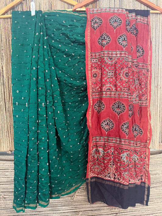 GREEN CHANDERI SILK BANDHANI HANDCRAFTED AJRAKH SARI