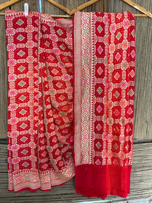 Candy Apple Red Handwoven Neem Zari Bareek Bandhani Saree with Khaddi Georgette with Meenakari Work BS- 111