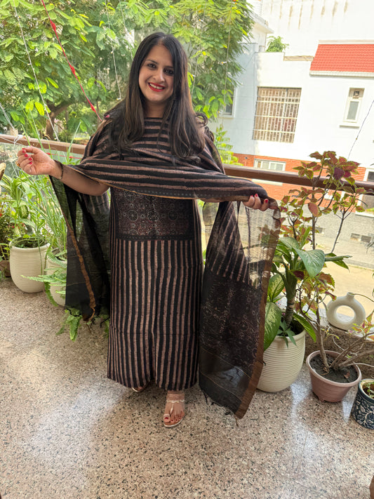 BLACK AJRAKH LINEN SILK HANDBLOCK SUIT SET AL-10301