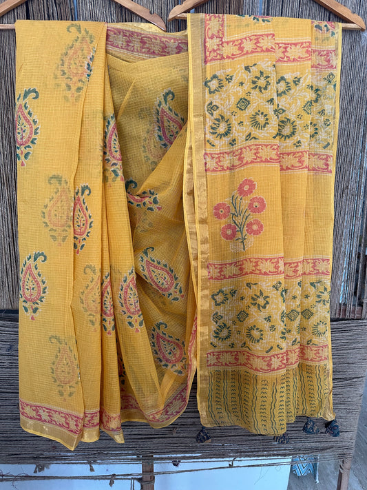 GOLDEN MARGUERITE YELLOW KOTA DORIA HANDBLOCK SARI