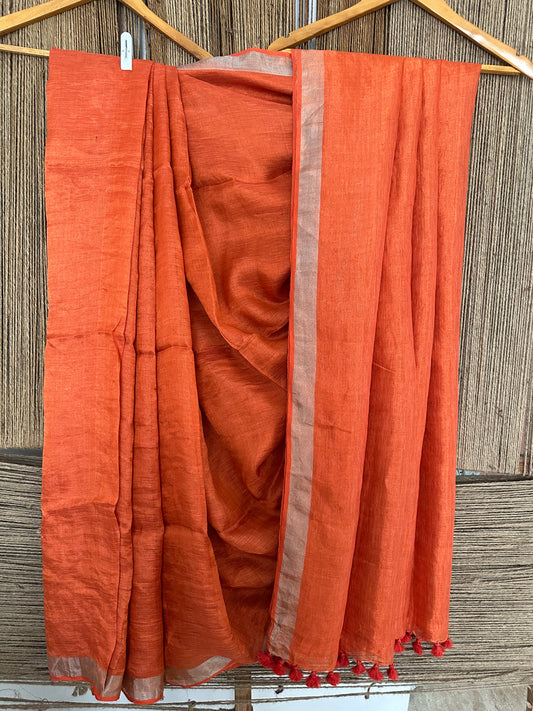 MARMALADE ORANGE SILVER METALLIC LINEN SARI WITH WOVEN BORDER AND TASSELS ML-63