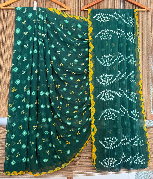 Bottle Green Bandhani handcrafted chiffon sari