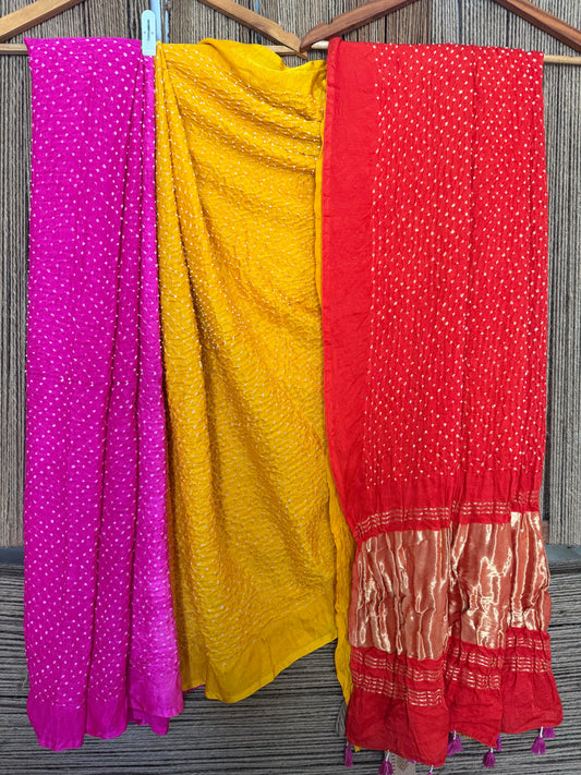 TRI COLOUR OMBRÉ SHADE GAJJI SILK RAI BANDHANI SARI