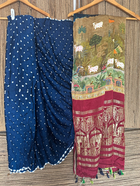NAVY BLUE MODAL SILK BANDHANI SARI WITH PICHWAI PRINT BPS 34