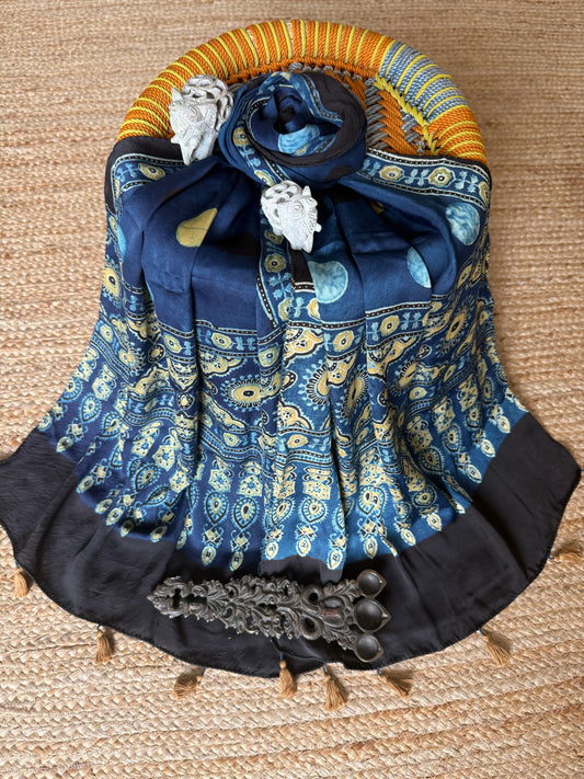 INDIGO BLUE AJRAKH MODAL SILK HANDCRAFTED STOLE