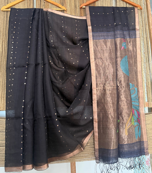 Shadow Black Jamdani sequence work handwoven pure muslin silk sari With Matka Silk Blouse Piece