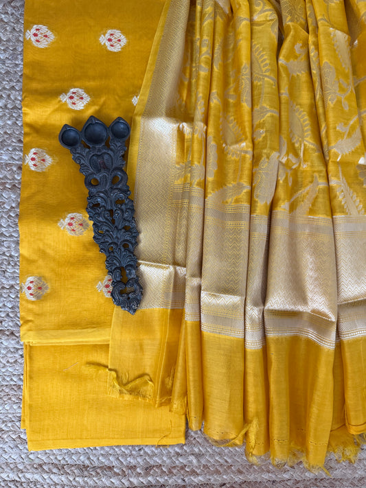 Mustard Yellow chanderi handloom banarsi booti three piece suit