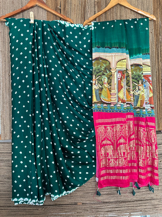 Castleton green modal silk bandhani sari with pichwai print bps 20