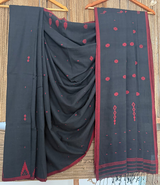 Black handloom cotton needle jamdani wove sari
