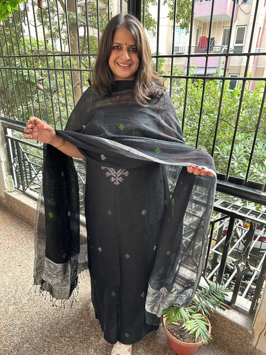 BLACK WOVEN LINEN KURTA SET LJS- 1010