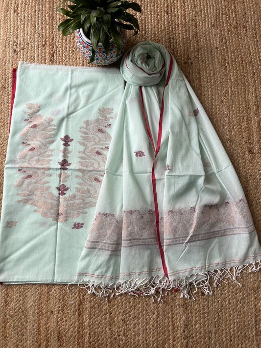 LIGHT PISTA GREEN JAMDANI WOVEN MULL KURTA SET CJS- 11