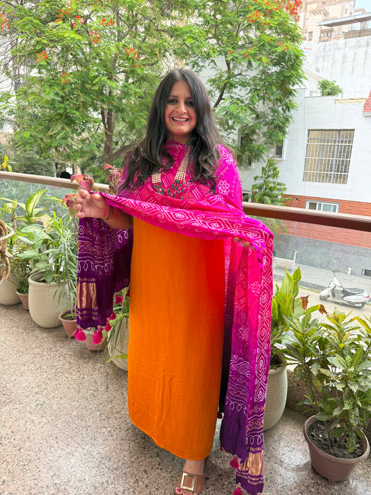 Mustard Gajji and Purple pink ombré shade Handwoven Bareek Bandhani dupatta in pure Gajji kurta Set