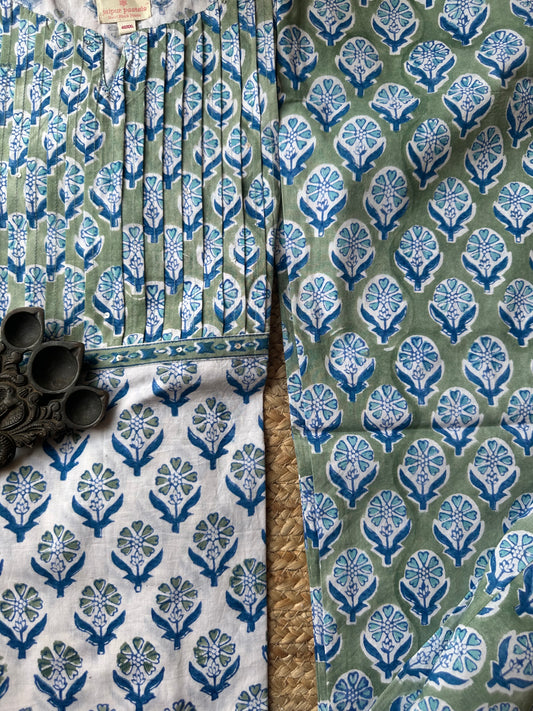 GREEN BLUE FLORAL COTTON HANDBLOCK HANDCRAFTED KURTA SET WITH BORDER