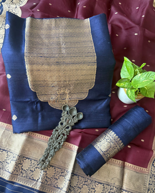 NAVY BLUE RAW SILK CERTIFIED HANDLOOM BANARSI KADWA BUTTI WITH WOVEN ZARI THREE PIECE SUIT