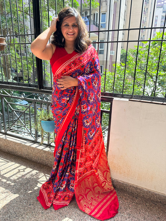 Purple & red modal silk patola sari with zari border pms- 1021