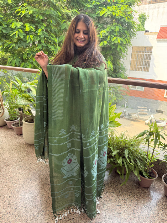 FERN GREEN PURE JAYSHREE LINEN JAMDANI HANDWOVEN KURTA SET