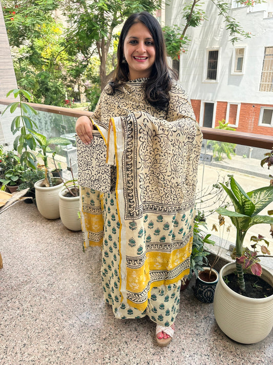 BEIGE MUSTARD LINEN COTTON HANDBLOCK SUIT SET