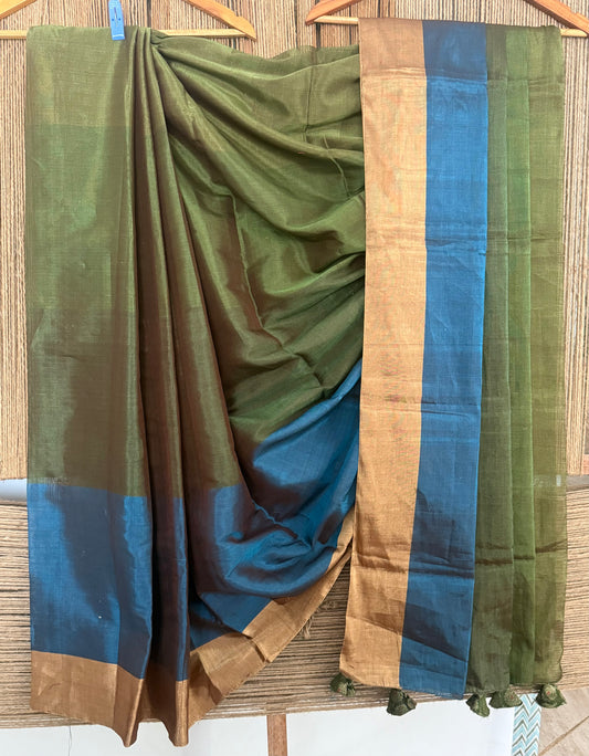 Olive green chanderi tissue weave silk handloom sari with banarsi blouse