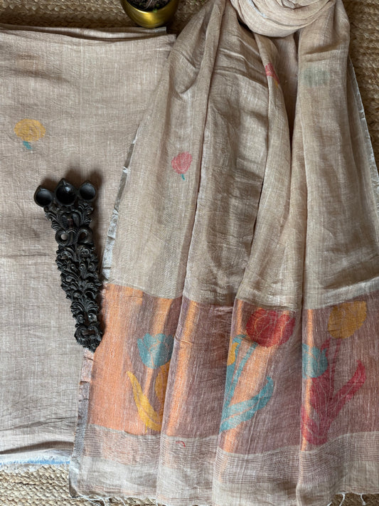 BEIGE COPPER WOVEN LINEN  KURTA SET LJS- 209