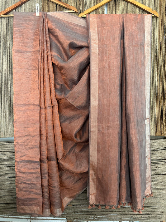 POWDER BLUE COPPER METALLIC LINEN SARI WITH WOVEN BORDER ML-11