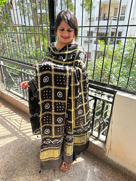 BLACK MODAL SILK KURTA WITH GHARCHOLA HANDCRAFTED MODAL SILK DUPATTAPS-1064