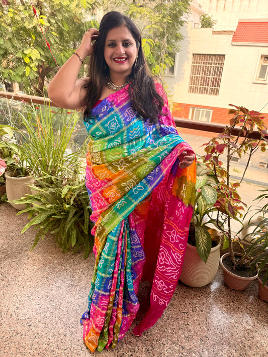 MULTI COLOUR & PINK GAJJI SILK GHARCHOLA RAI BANDHANI GAJJI SARI BS- 208