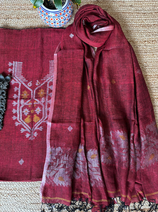 MAROON WOVEN LINEN KURTA SET LJS- 1018