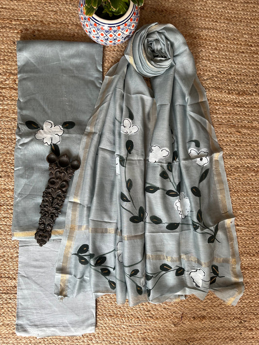 GRAYS BLUE CHANDERI HAND BLOCK SUIT SET