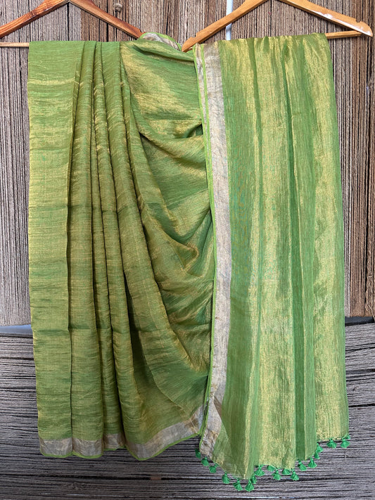 PEAR GREEN GOLDEN METALLIC LINEN SARI WITH WOVEN BORDER ML-9