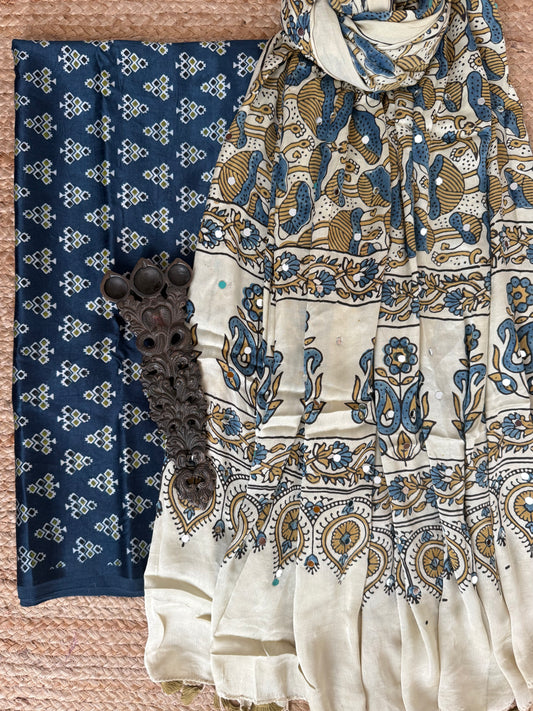Indigo Blue Mashru Silk Kurta With Beige Ajrakh Handcrafted Mirror Work Modal Silk Dupatta