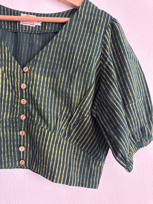 GREEN AKOLA STRIPES AJRAKH COTTON BLOUSE BLOUSE WITH WOODEN BUTTON
