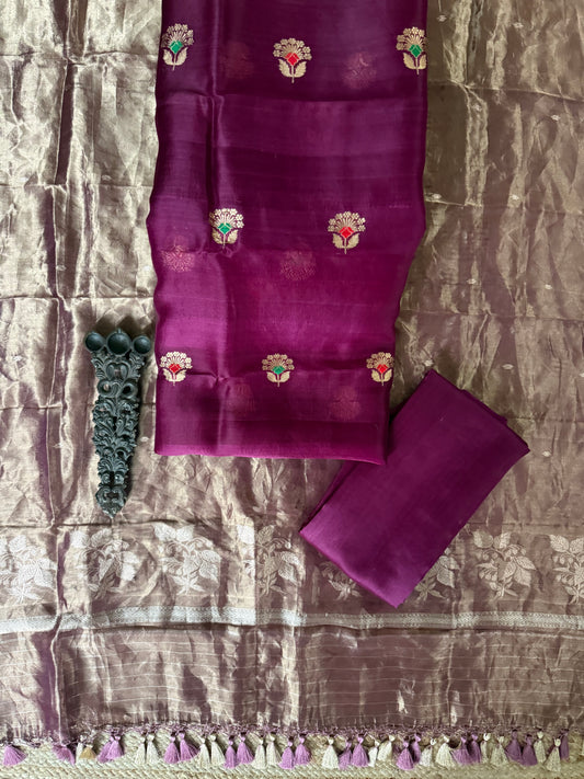 Jam Purple kora silk certified handloom banarsi kadwa booti meenakari three piece suit