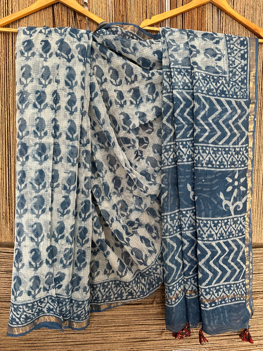 PRUSSIAN BLUE KOTA DORIA HANDBLOCK SARI