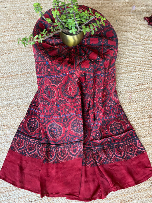 MAROON AJRAKH MODAL SILK STOLE WITH HAND EMBROIDERY MIRROR WORK