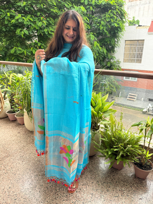 ELECTRIC BLUE TISSUE LINEN JAMDANI HANDWOVEN KURTA SET