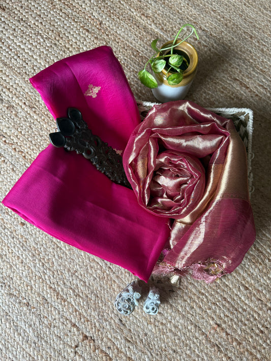 PINK KORA SILK CERTIFIED HANDLOOM BANARSI KADWA BOOTI THREE PIECE SUIT