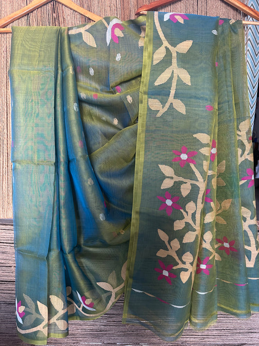 PERSIAN GREEN JAMDANI HANDWOVEN PURE MUSLIN SILK SARI MJS-22