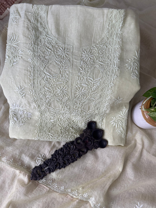 BUTTER YELLOW MULL CHANDERI LUCKNOWI CHICKENKARI HAND EMBROIDERY THREE PIECE SUIT